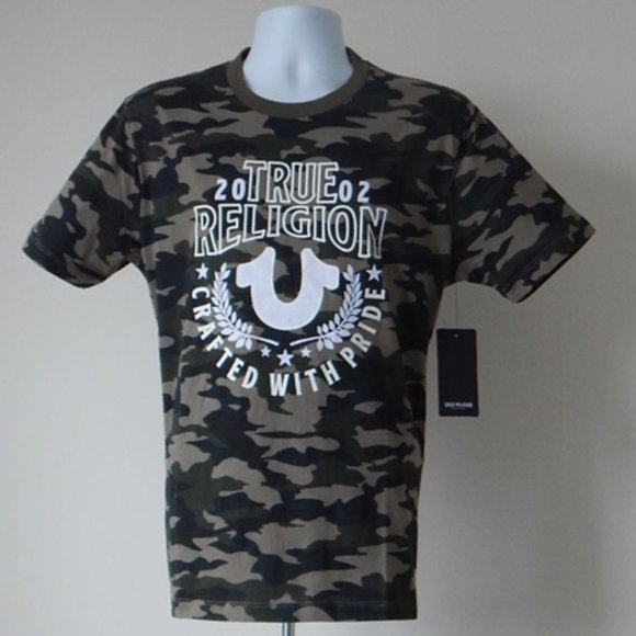 NWT MEN TRUE RELIGION Crafted With Pride Horseshoe GRAPHIC CAMO Green T Shirt LG - Picture 1 of 5